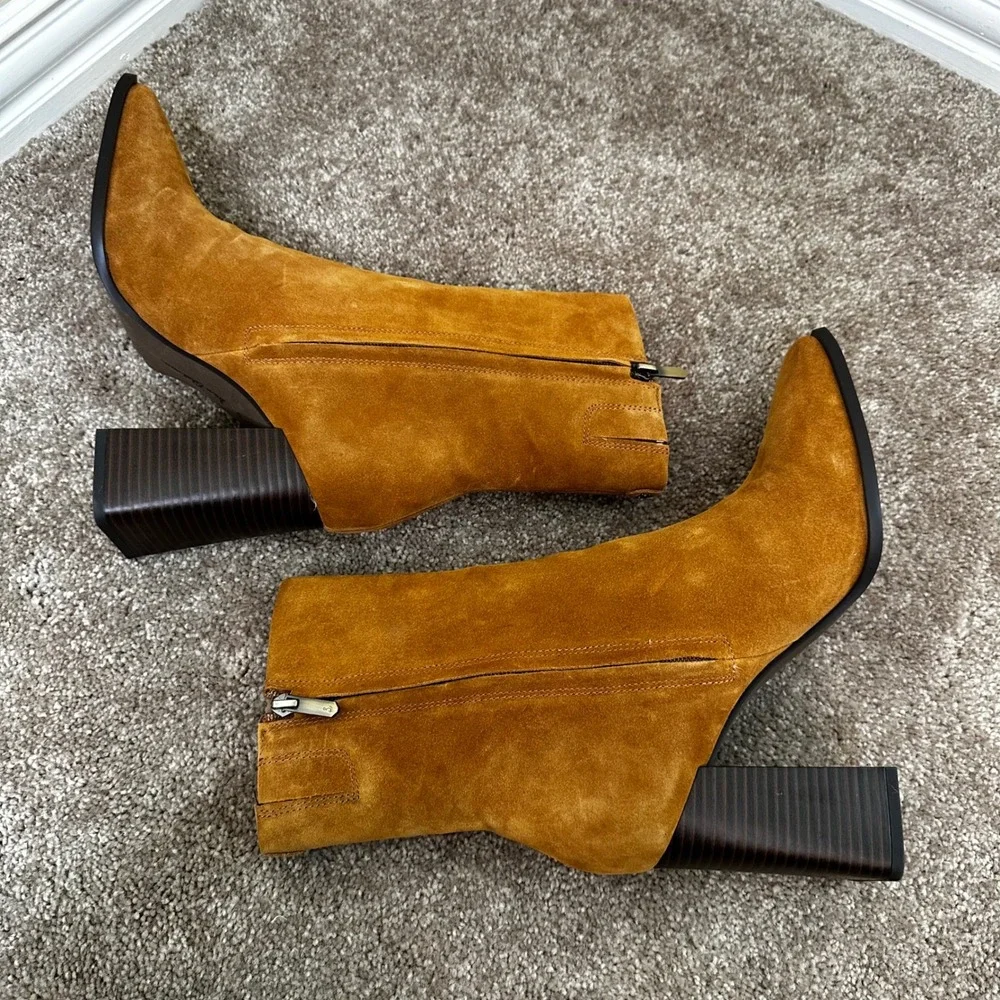 Sam Edelman Cognac Suede Square Toe Block Heel Ankle Boots Womens 10.5 M Western